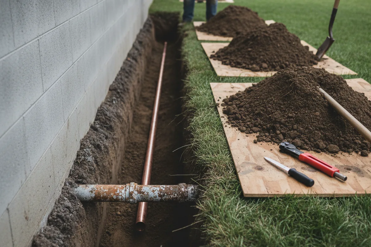 Excavated water line trench during Water Softener Installation in Palisades